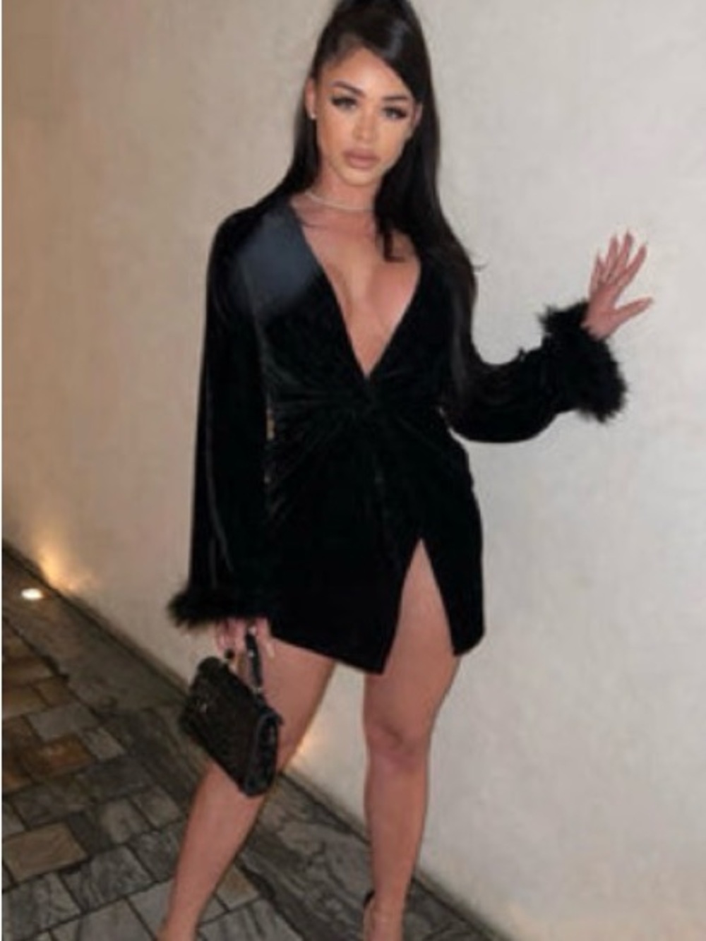Fashion Nova Black Velvet Long Sleeve Dress with Feather Cuffs